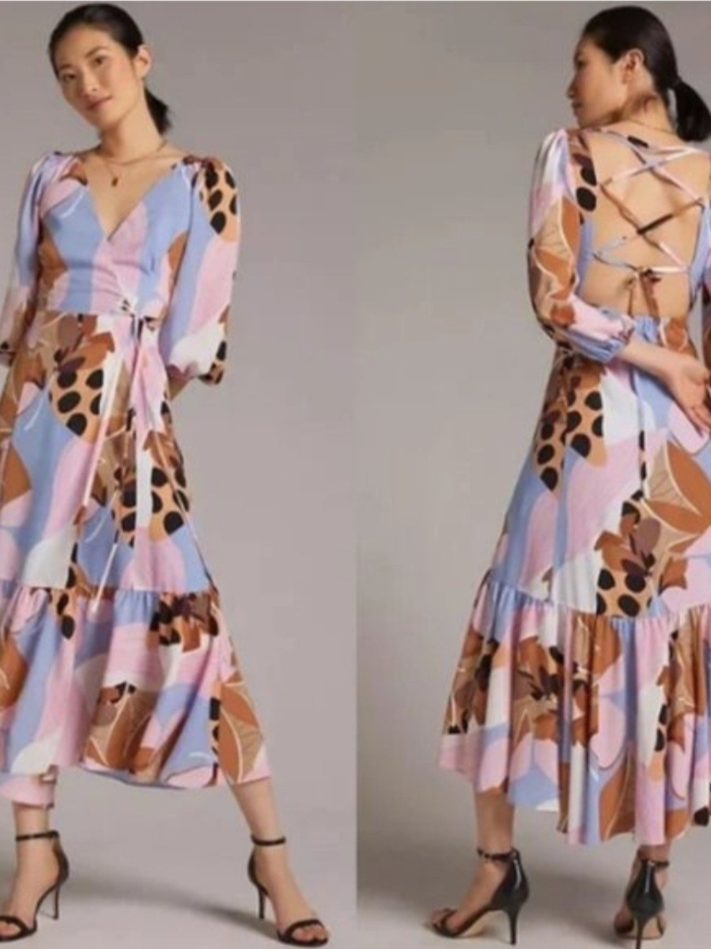 Anthropologie Backless Midi Dress in Pastel Blue, Pink & Brown Abstract Print